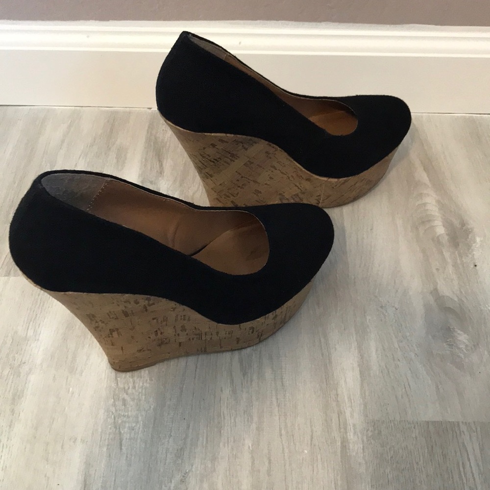 Black closed toe cork platform wedges